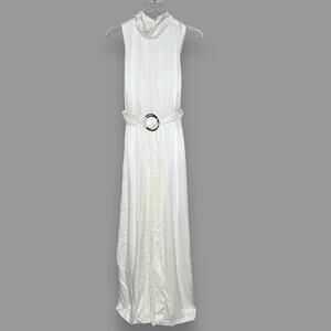 Sally LaPointe 2 White Textured High Rise Belt Sleeveless Jumpsuit Wide Leg